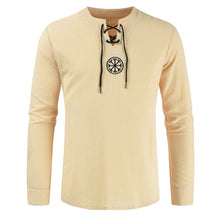 Load image into Gallery viewer, 2019 New Unique Design Vintage Style Men Plus Size Ancient Viking Embroidery Lace Up V Neck Long Sleeve T-Shirt Top trendy